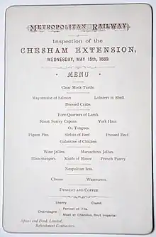 Celebration dinner menu for Metropolitan Railway extension to Chesham 15 May 1889 by Spiers & Pond Ltd