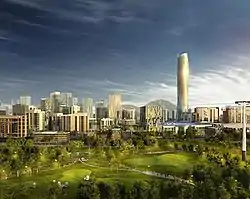 Rendition of the skyline of the Financial District, showing the dominating proposed Africa Tower