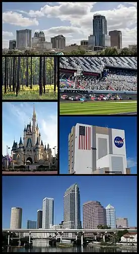 Central Florida Images top from bottom, left to right: Orlando Skyline, Daytona International Speedway, Walt Disney World, Kennedy Space Center, Tampa Skyline