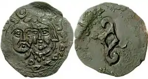 Hephthalite coin of the Principality of Chaghaniyan, with the two busts of a crowned King and Queen, in Byzantine fashion, circa 550-650 CE.