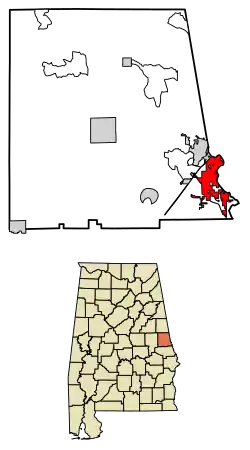 Location of Valley in Chambers County, Alabama.