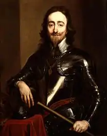 Half-length painted portrait of a man in shiny dark armour with long brown hair, short beard and moustache, holding a staff