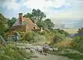 Charles James Adams - Droving sheep down country lane. Watercolour.