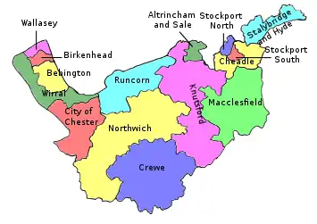 Map of parliamentary constituencies in Cheshire 1950-1974