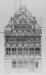 A drawing of the front of a three-storey building with an attic.  The ground floor has four windows and a door; the middle and upper storeys contain a series of arched windows in pairs; the gable is shaped and contains more windows and the date 1883.