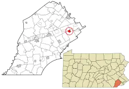 Location of Malvern in Chester County, Pennsylvania (left) and of Chester County in Pennsylvania (right)