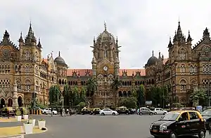 A large heavily decorated railway station building