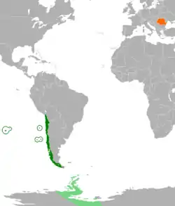 Map indicating locations of Chile and Romania