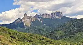 Chimney Rock (left), Courthouse Mountain (right). West aspect.