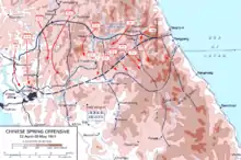 Diagram of the Chinese Spring Offensive, details the United Nations and Communist positions as described in the text