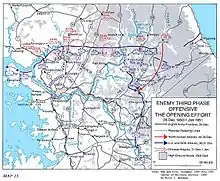 A map with multiple red arrows pressing against a blue line at the 38th parallel