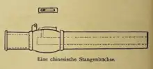 Drawing of a Chinese pole gun found in Java, 1421. It weighed 2.252 kg, length of 357 mm, and caliber of 16 mm. This gun features a rain cover connected with hinge, which is now missing. The hinge is still preserved.