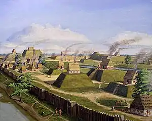 An artistic recreation of The Kincaid Site  from the prehistoric Mississippian culture as it may have looked at its peak 1050–1400 CE.