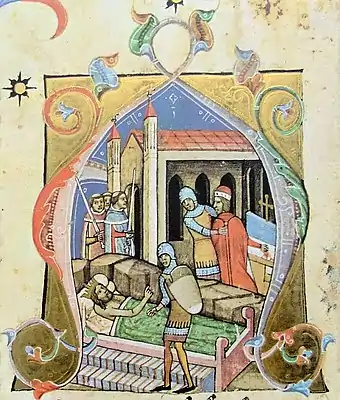 Chronicon Pictum, Hungarian, Hungary, King Coloman, sick, ill, Prince Álmos, blind, capture, Dömös, church, soldiers, monks with sword, medieval, chronicle, book, illumination, illustration, history