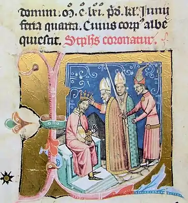 Chronicon Pictum, Hungarian, Hungary, King Stephen III, crown, coronation, bishop, orb, sword, pyramid, Holy Crown of Hungary, medieval, chronicle, book, illumination, illustration, history