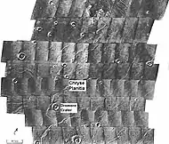 Scour patterns, located in Lunae Palus quadrangle, were produced by flowing water from the Maja Valles, which lie just to the left of this mosaic. Detail of flow around Dromore Crater is shown on the next image.