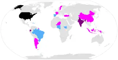 A line-drawing of a world map with the United States and Puerto Rico in black; Ecuador and India in violet; Brazil, the Dominican Republic, Haiti, Nigeria, and Sudan in cyan; and Argentina, mainland China, Denmark, France, Indonesia, Niger, Sweden, Switzerland, and Turkey in magenta.