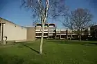 Dining hall (centre) with library (left), Churchill College