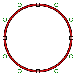 Four-segment cubic polybezier (red) approximating a circle (black) with control points