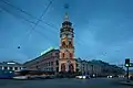 The City Duma tower in New Year decorations at night