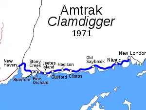 A map of southern Connecticut showing the Clamdigger service. It runs between New London and New Haven with nine intermediate stops marked.