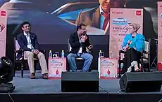 Clare Mackintosh at Times LitFest in New Delhi with IPS officer Amit Lodha on left