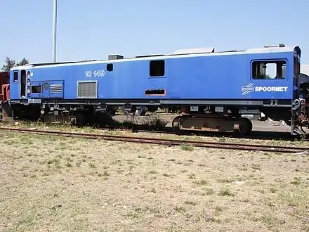 No. 10-149 in Spoornet blue livery with outline numbers, on shop bogies at Koedoespoort, Pretoria, 29 September 2015