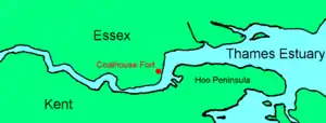 Locator map showing Coalhouse Fort on the north bank of the Thames, west of the Hoo Peninsula