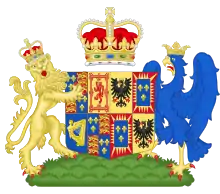 A heraldic shield emblazoned with the emblems of France, Scotland, England, Ireland and the House of Este.