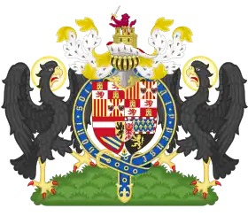 Arms of Philip, Prince of Asturias at his investiture, encircled by the Garter (in 1554)