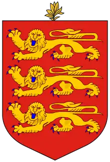 Coat of Arms: 3 Gold Lions on a Red Field, surmounted by a small branch of leaves