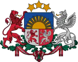 Coat of Arms of Latvia, featuring a lion, a quarter, a supporter and a ribbon Sanguine. Latvia is the only nation in Christendom which uses the colour sanguine.