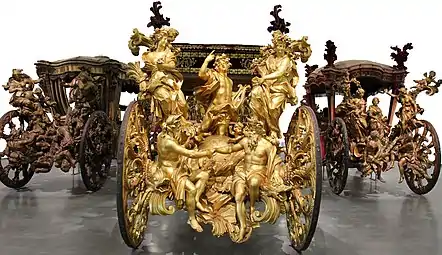 Ornate detail on one of the Portuguese Royal Coaches at the National Coach Museum in Lisbon