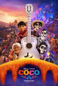 The theatrical release poster depicts the characters Coco, Dante the dog, Miguel, Héctor, Ernesto, and Imelda, clockwise from the bottom left around the white Day of the Dead-styled guitar. The guitar has a calavera-styled headstock with a small black silhouette of Miguel, who is carrying a guitar, and the dog Dante at the bottom. The neck of the guitar splits the background with their village during the day on the left and at night with fireworks on the right. The film's logo is below the poster with the "Thanksgiving" release date.