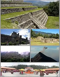 Counterclockwise from top: 
English: Mixco Viejo Ruins in San Martín Jilotepeque, Castle in Chimaltenango, Iximche Ruins in Tecpan, Madrean pine–oak woodlands in Chimaltenango, Acatenango volcano in Acatenango, Hacienda Real in Tecpan