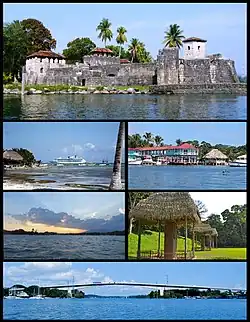 Counterclockwise from top: San Felipe Castle, cruise ship in the port city of Puerto Barrios, Livingston, Rio Dulce, Quirigua UNESCO World Heritage Site & 830 meter long bridge of Rio Dulce