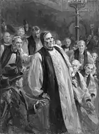 Painting depicting Archbishop of Canterbury Frederick Temple's collapse in the House of Lords while delivering a speech on the Education Bill, on 2 December 1902.