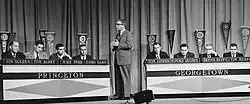 Allen Ludden hosting a match between Princeton University and Georgetown University on the General Electric College Bowl, televised by CBS Television on February 3, 1959.