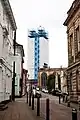 Scaffolding on the tower during maintenance works in 2023 from Castle Street