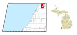 Location within Berrien County (red) and an administered portion of the Paw Paw Lake community (pink)