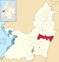 Location of the municipality and town of Buga, Valle del Cauca in the Valle del Cauca Department of Colombia.