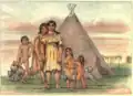 Residents of the Comanche village, approximately July 16, 1834.  Catlin notes in his text, and depicts in the drawing, the fear of the dogs and children.