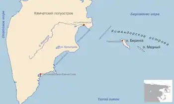 Map showing the position of the Commander Islands to the east of Kamchatka. The larger island to the west is Bering Island; the smaller island is Medny.