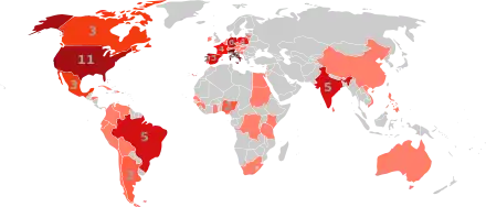 Numbered choropleth world map showing the number of cardinal electors for the 2013 papal conclave from each country