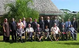 Fiame Naomi Mata'afa (standing, far left) at a meeting of Pacific Islands leaders with US Secretary of State Condoleezza Rice (center), in Samoa, 26 July 2008