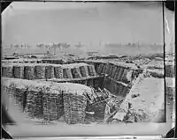 Fascine Trench Breastworks, Petersburg, Va. – NARA – 524792. Although identified as Confederate Trenches this is actually Union Fort Sedgwick aka "Fort Hell" which was opposite Fort Mahone aka "Fort Damnation"