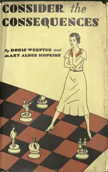 Features a drawing of a woman standing on a giant chessboard; the five playing pieces depict two different men (one standing, one kneeling to propose marriage), children, a house and a bag of money.