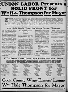 Large advertisement with the heading "Union labor presents a solid front for William Hale Thompson for Mayor"