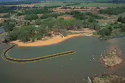 A swimming area on a lake