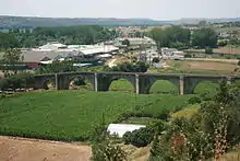 Coria old bridge.  The river has changed course, and no longer flows beneath the bridge.  Instead there are fields of green crops